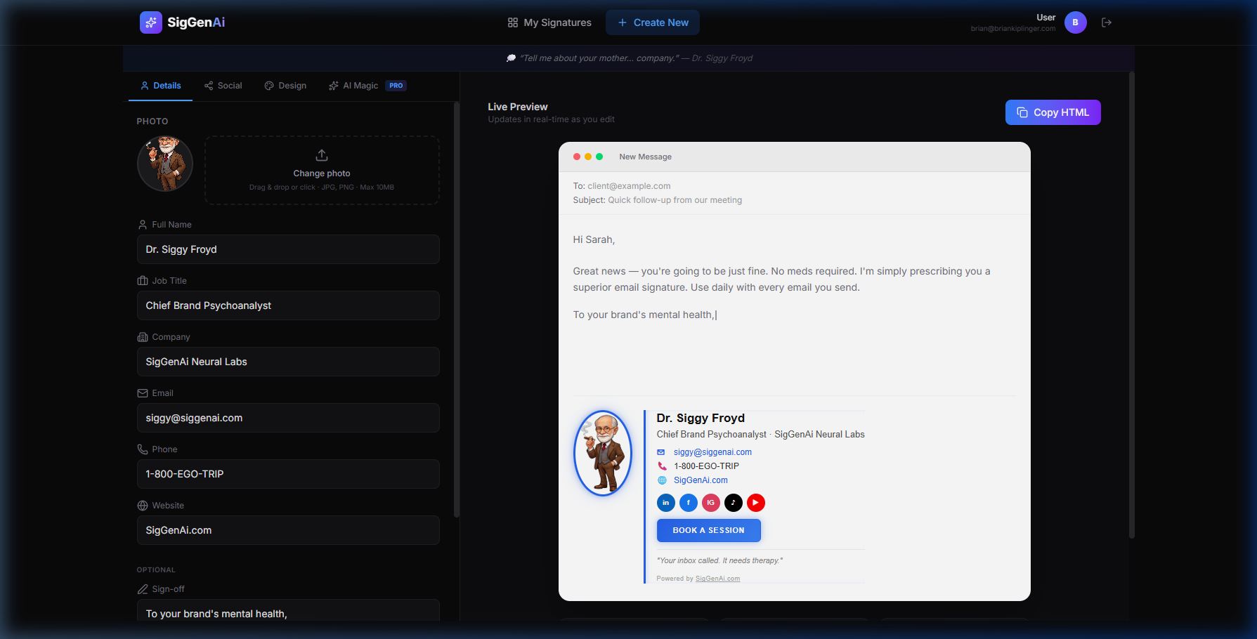 SigGenAi builder interface — edit your signature in real-time